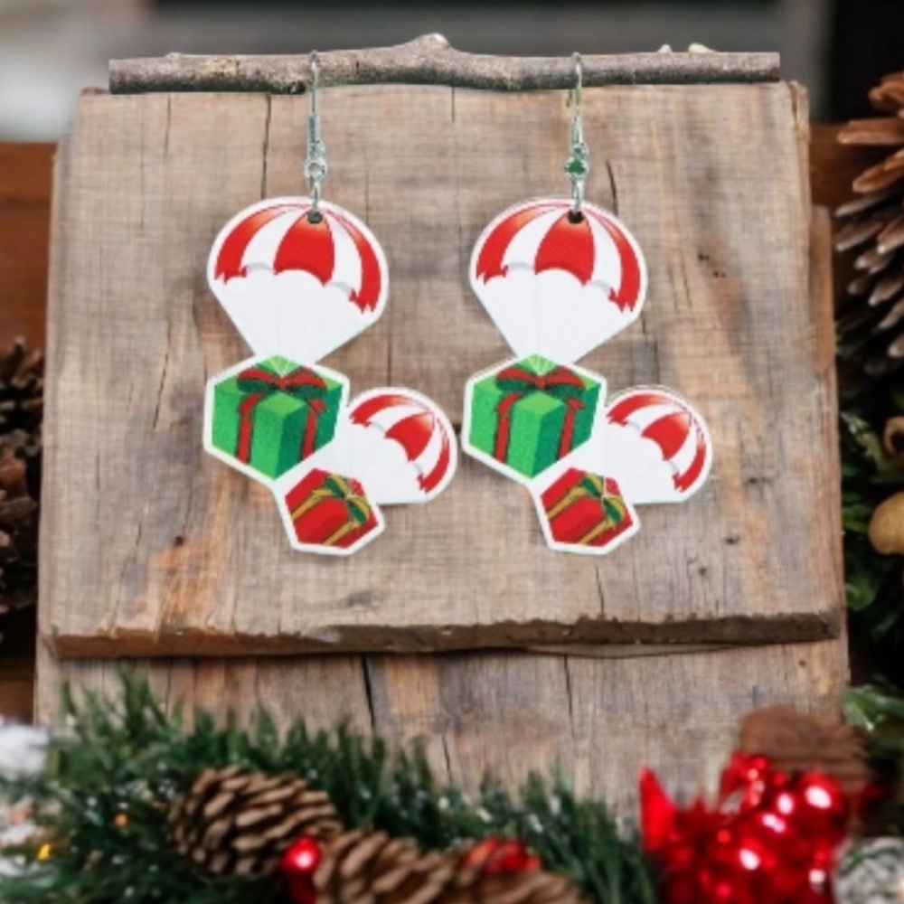 Festive Christmas Parachute Gifts Presents Wooden Womens Dangle Drop Earrings